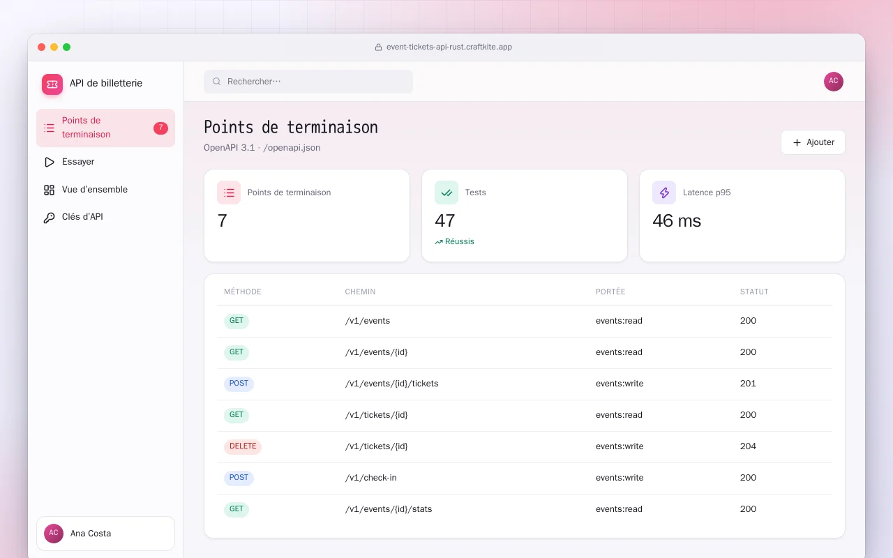 API de billetterie (Rust) : l’écran Points de terminaison