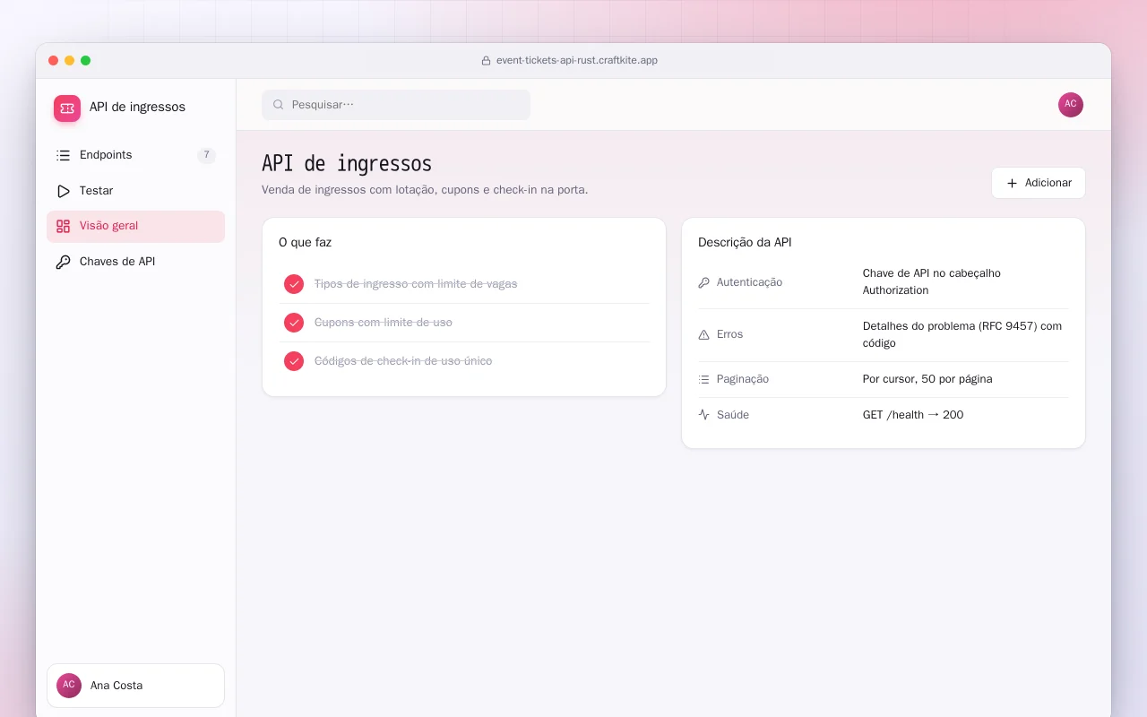 API de ingressos (Rust): a tela API de ingressos