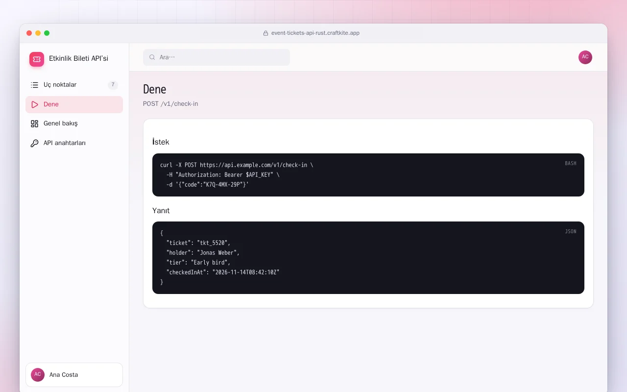 Etkinlik Bileti API’si (Rust): Dene ekranı