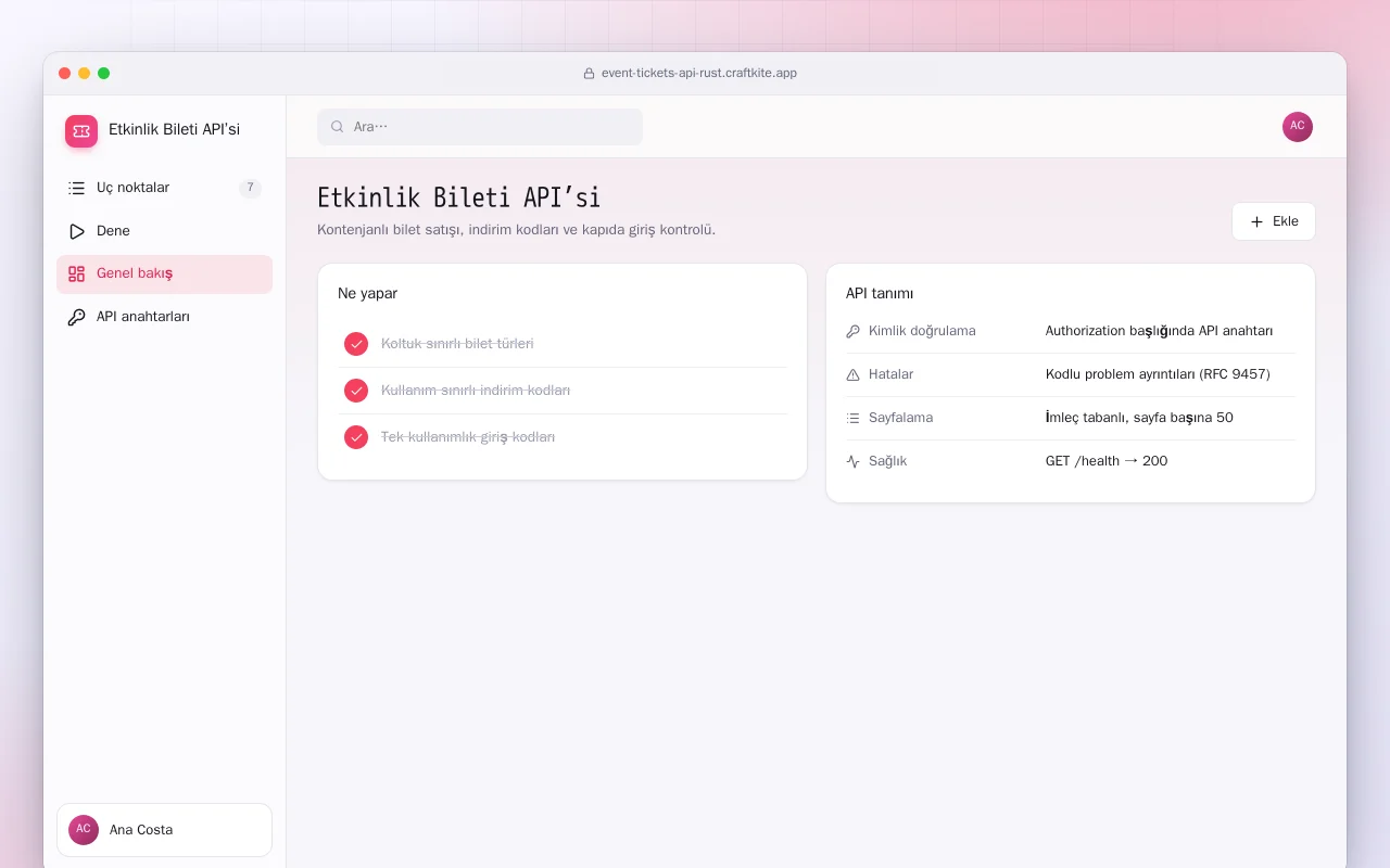 Etkinlik Bileti API’si (Rust): Etkinlik Bileti API’si ekranı