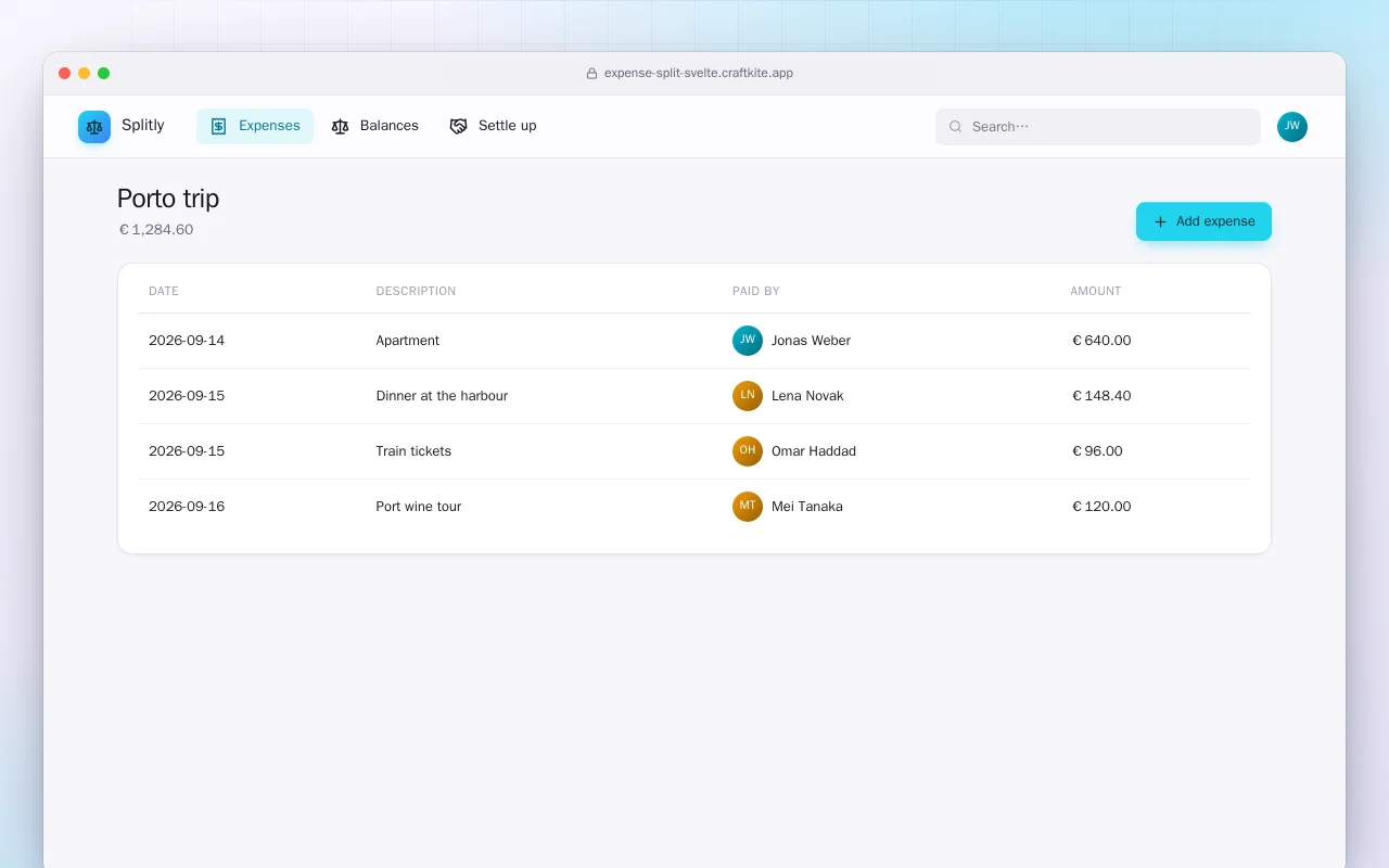Split Expenses (SvelteKit): the Porto trip screen