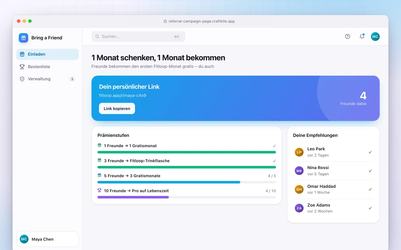 Empfehlungskampagnen-Seite: der Bildschirm „1 Monat schenken, 1 Monat bekommen“