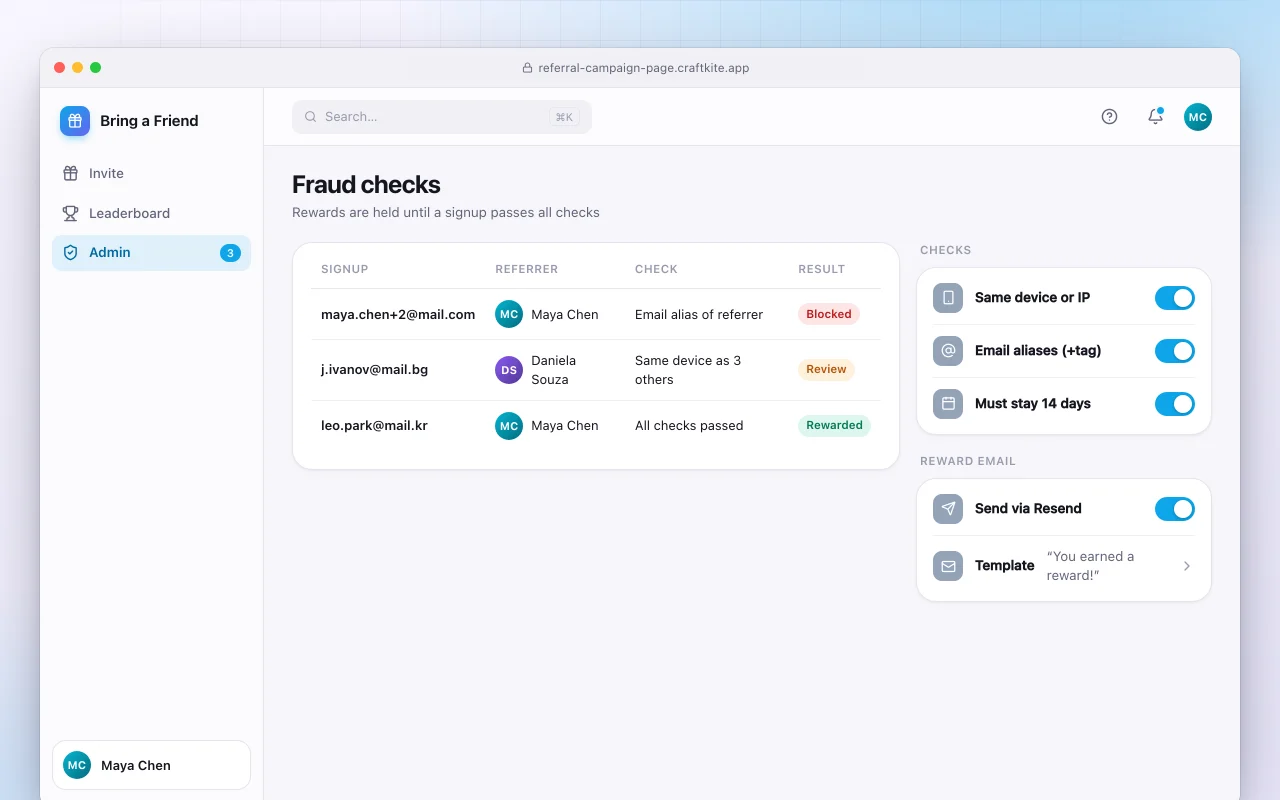 Referral campaign page: the Fraud checks screen