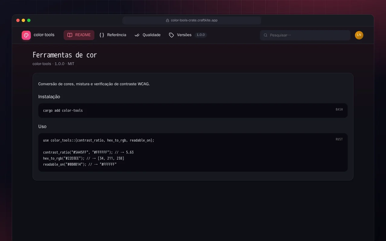 Ferramentas de cor (Rust): a tela Ferramentas de cor