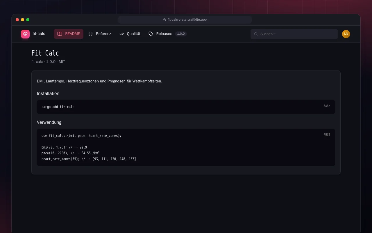 Fit Calc (Rust): der Bildschirm „Fit Calc“