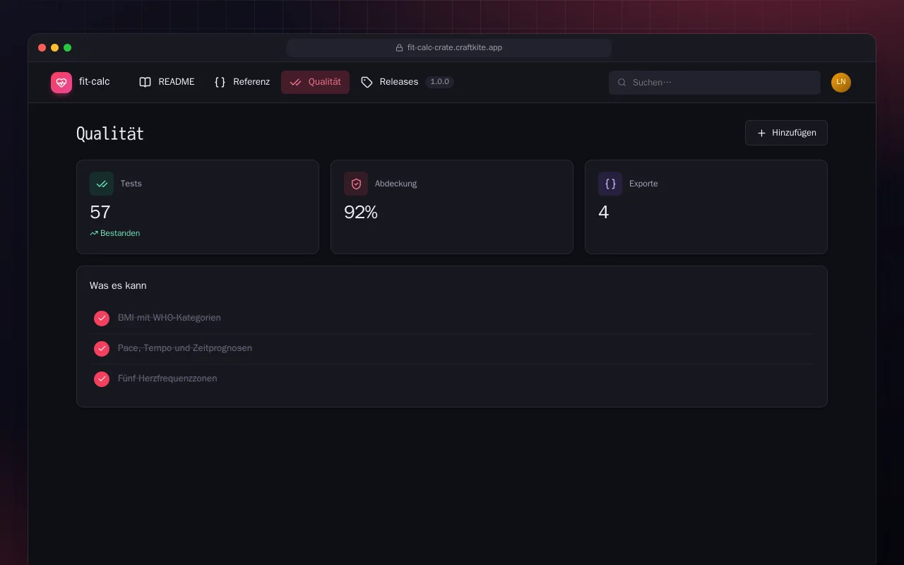 Fit Calc (Rust): der Bildschirm „Qualität“