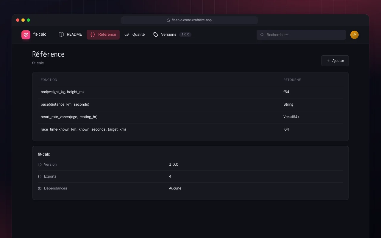 Fit Calc (Rust) : l’écran Référence