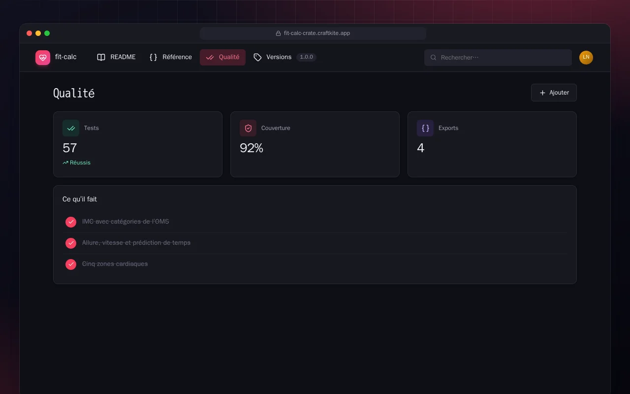 Fit Calc (Rust) : l’écran Qualité