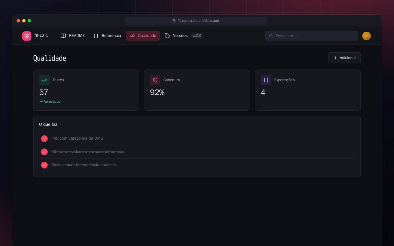 Fit Calc (Rust): a tela Qualidade