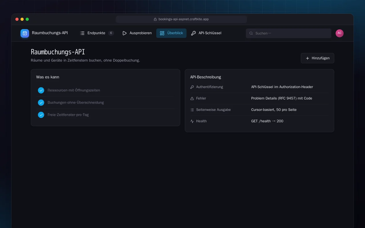 Raumbuchungs-API (ASP.NET Core): der Bildschirm „Raumbuchungs-API“
