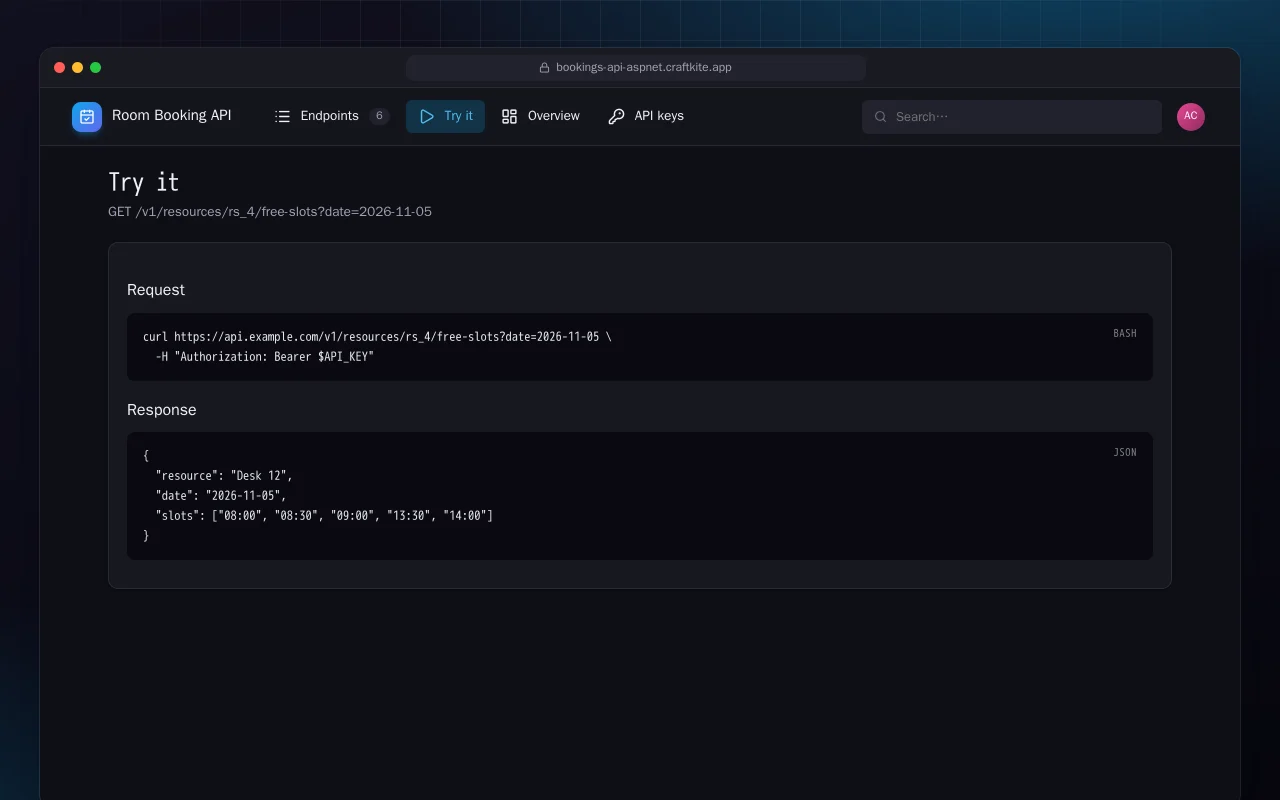Room Booking API (ASP.NET Core): the Try it screen