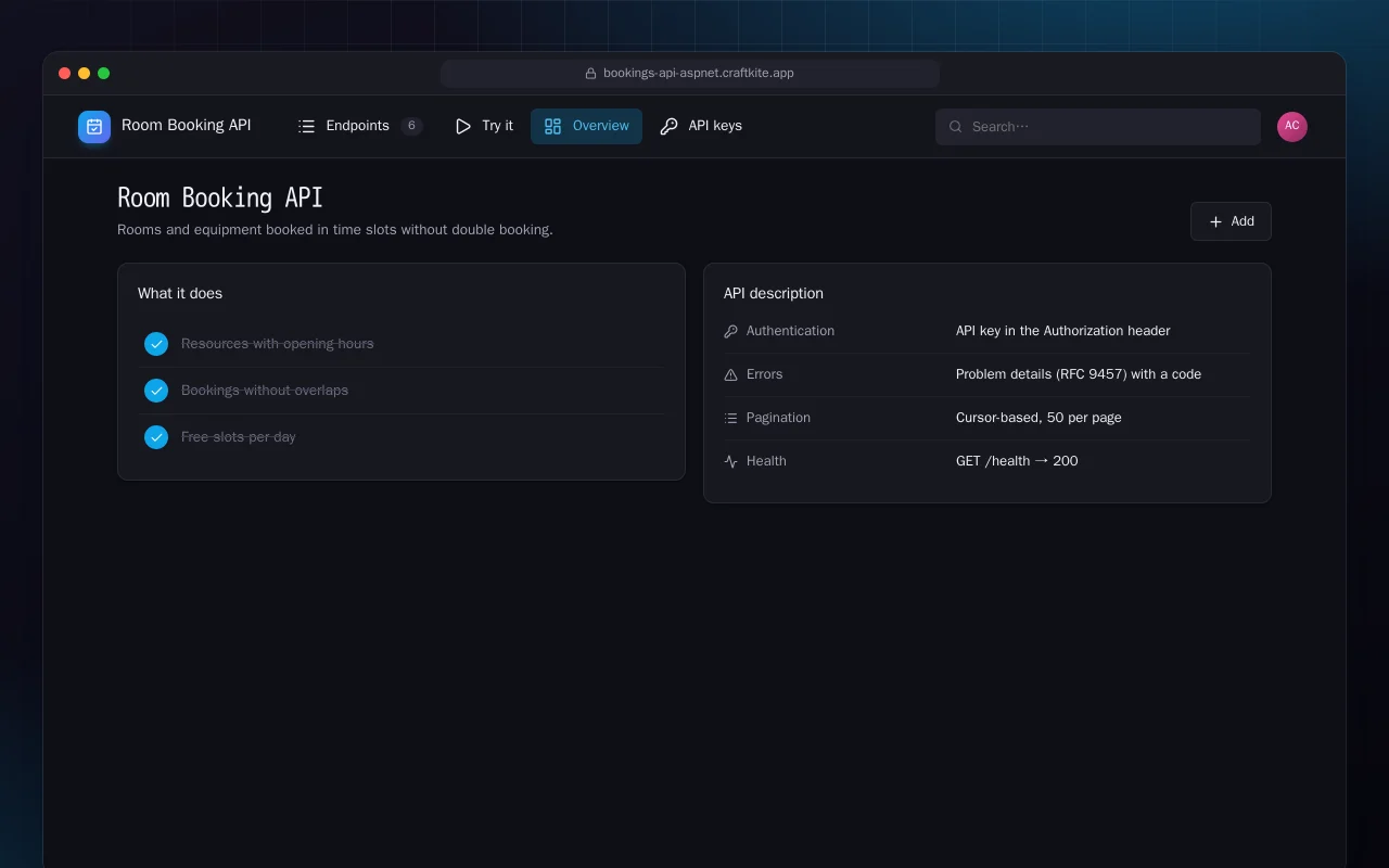 Room Booking API (ASP.NET Core): the Room Booking API screen
