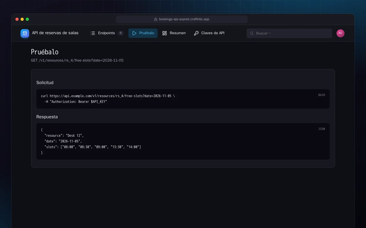 API de reservas de salas (ASP.NET Core): la pantalla Pruébalo