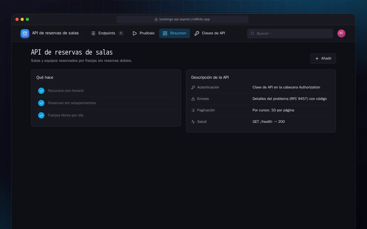 API de reservas de salas (ASP.NET Core): la pantalla API de reservas de salas