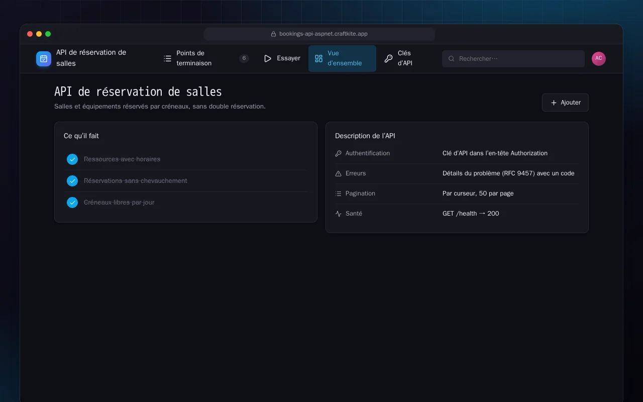 API de réservation de salles (ASP.NET Core) : l’écran API de réservation de salles
