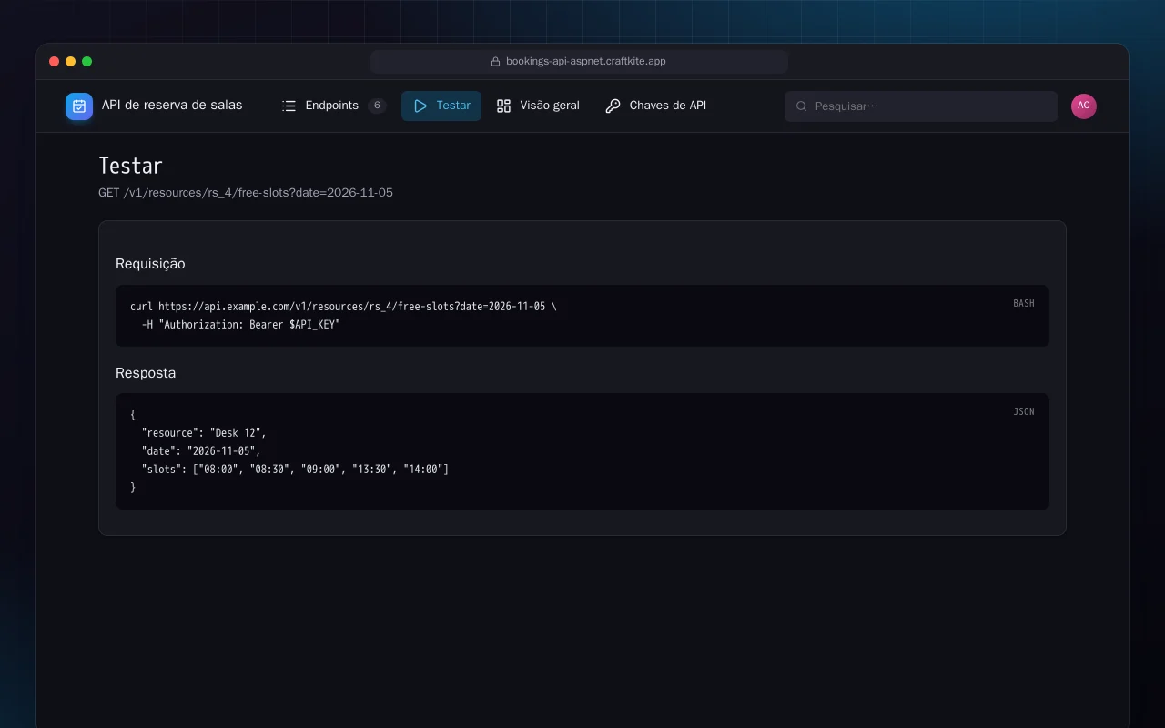 API de reserva de salas (ASP.NET Core): a tela Testar