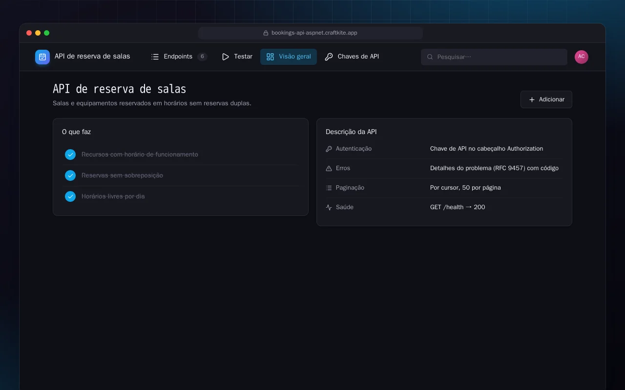 API de reserva de salas (ASP.NET Core): a tela API de reserva de salas