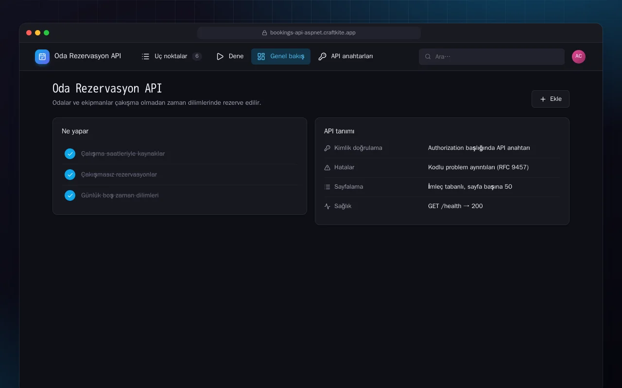 Oda Rezervasyon API (ASP.NET Core): Oda Rezervasyon API ekranı