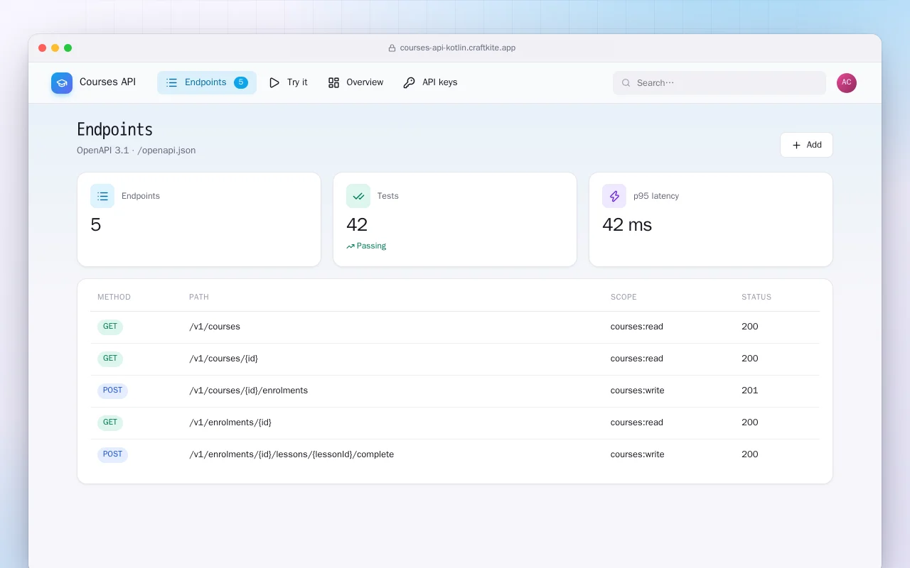 Courses API (Kotlin + Spring Boot): the Endpoints screen
