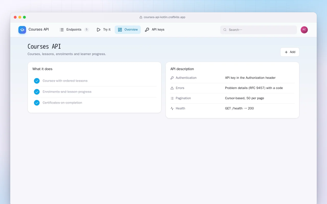 Courses API (Kotlin + Spring Boot): the Courses API screen