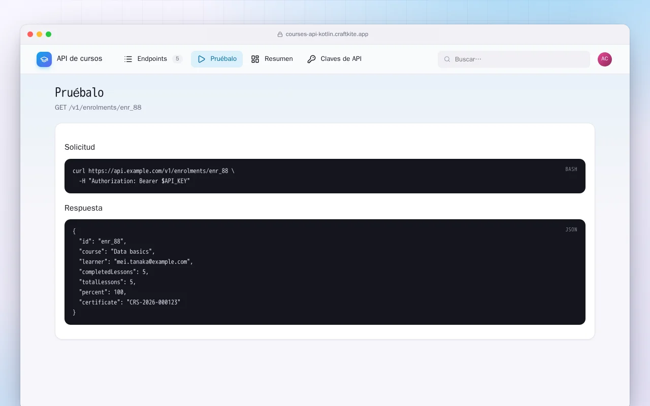 API de cursos (Kotlin + Spring Boot): la pantalla Pruébalo