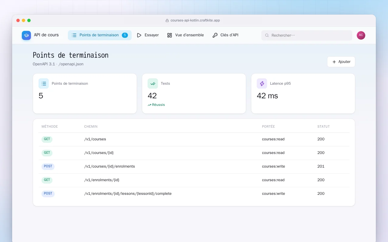 API de cours (Kotlin + Spring Boot) : l’écran Points de terminaison