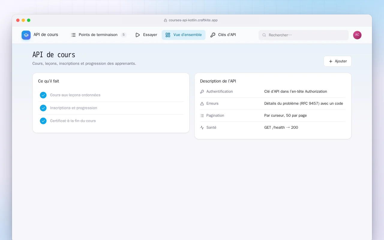API de cours (Kotlin + Spring Boot) : l’écran API de cours