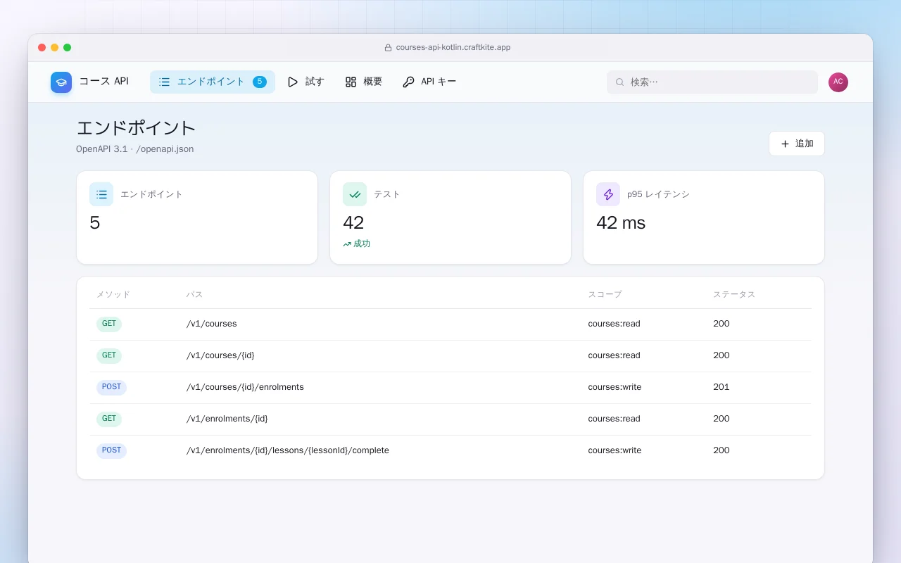 コース API（Kotlin + Spring Boot）：エンドポイント画面