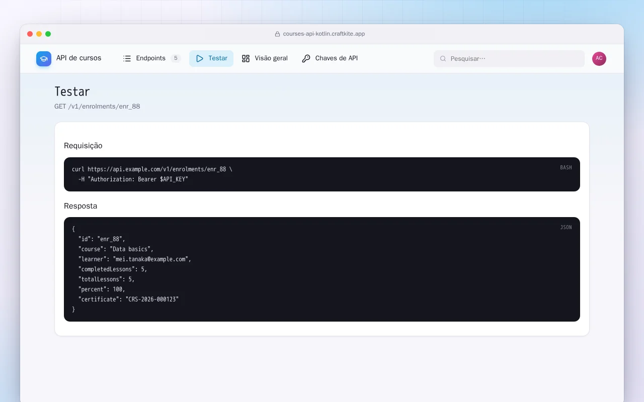 API de cursos (Kotlin + Spring Boot): a tela Testar