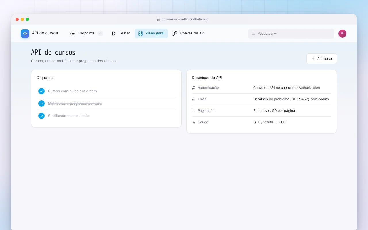 API de cursos (Kotlin + Spring Boot): a tela API de cursos