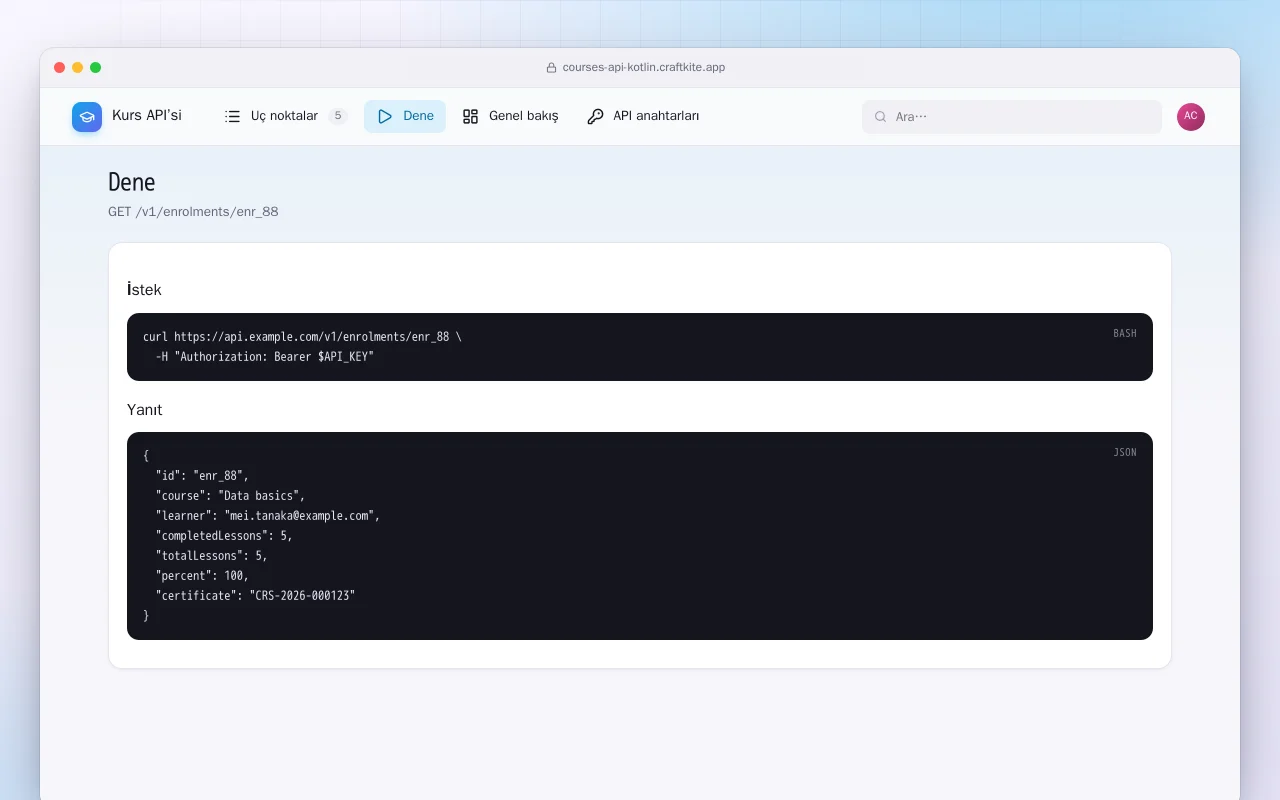 Kurs API’si (Kotlin + Spring Boot): Dene ekranı