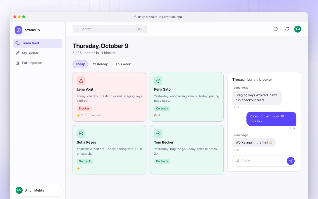 Daily standup log: the Thursday, October 9 screen