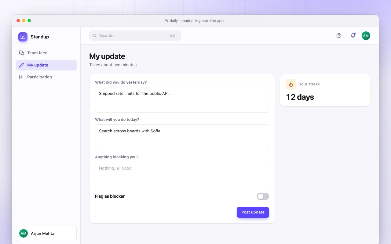 Daily standup log: the My update screen
