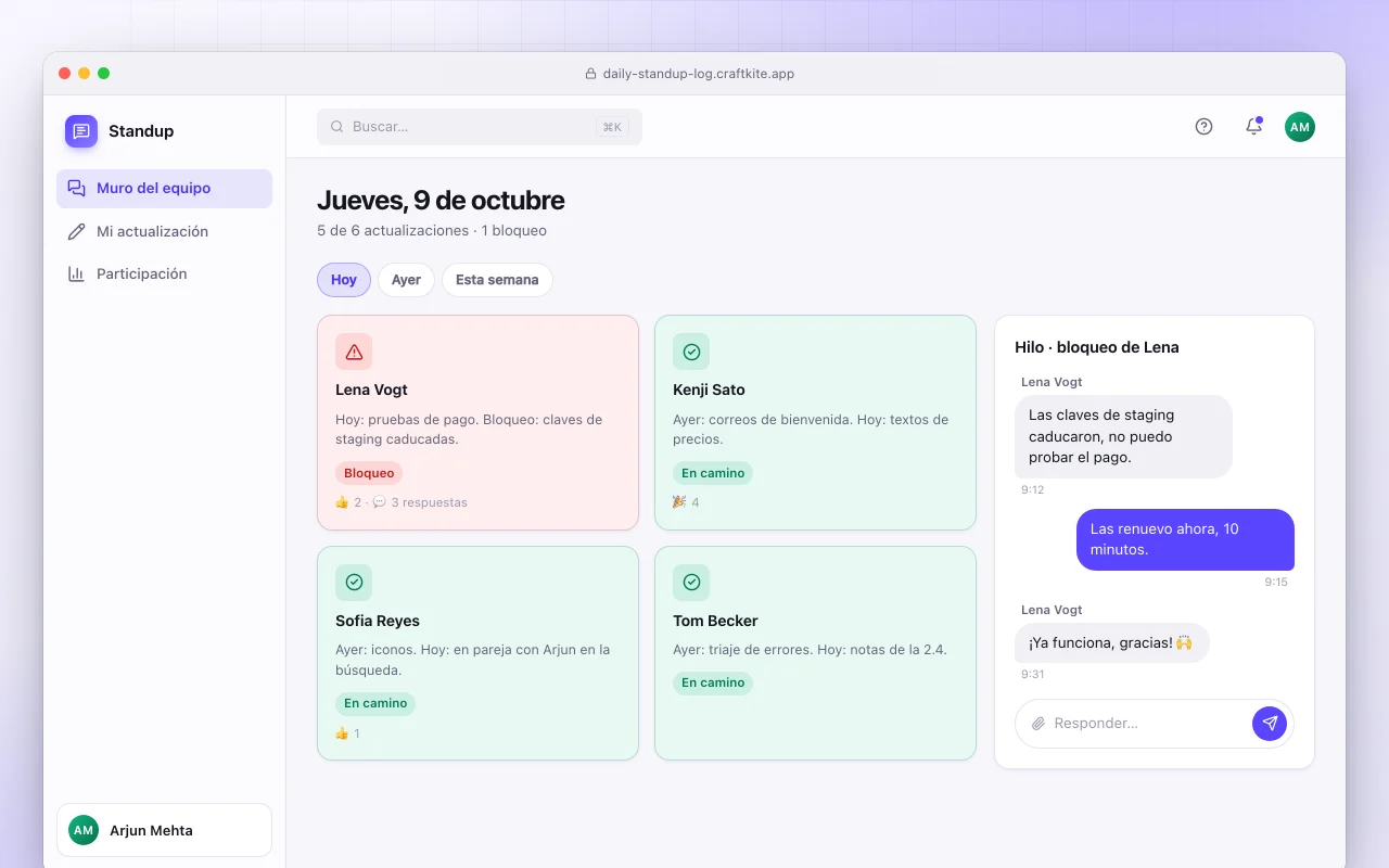 Registro de standups diarios: la pantalla Jueves, 9 de octubre