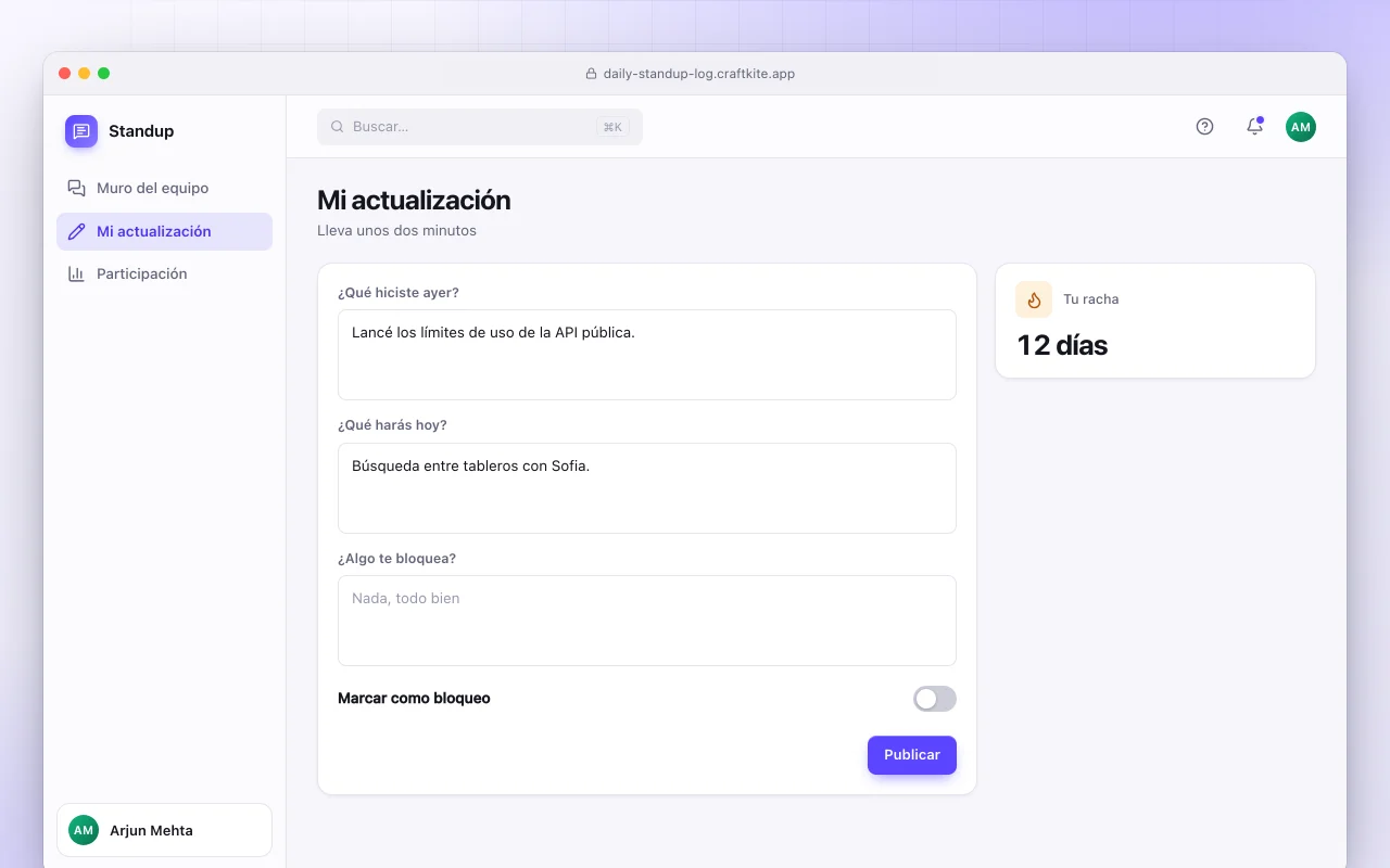 Registro de standups diarios: la pantalla Mi actualización