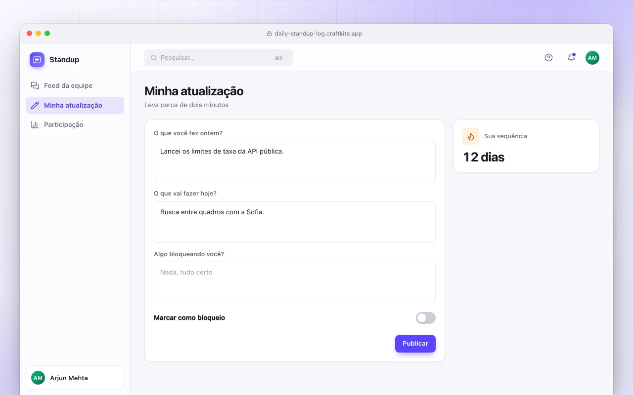 Registro de daily assíncrona: a tela Minha atualização