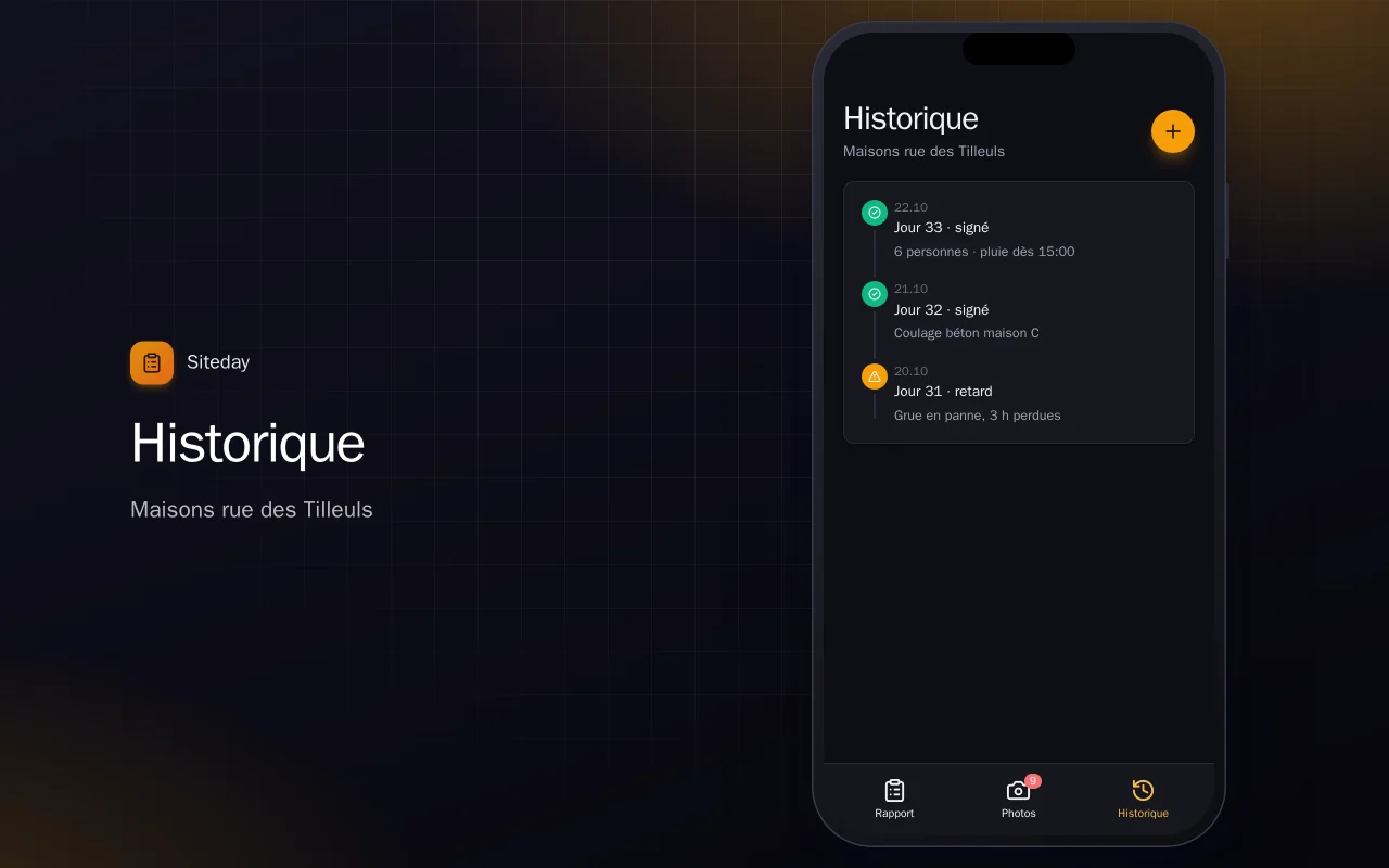 Rapport journalier de chantier : l’écran Historique
