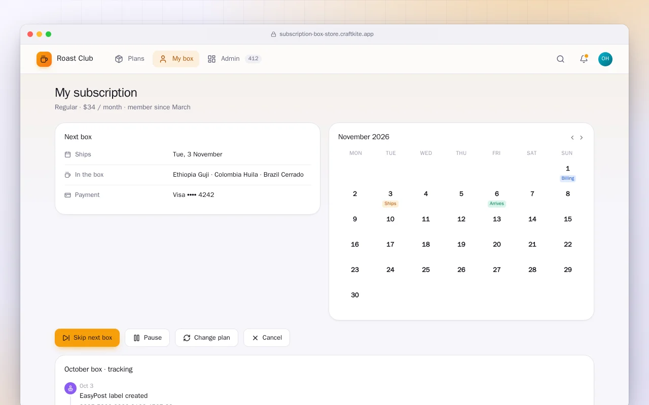 Subscription box store: the My subscription screen