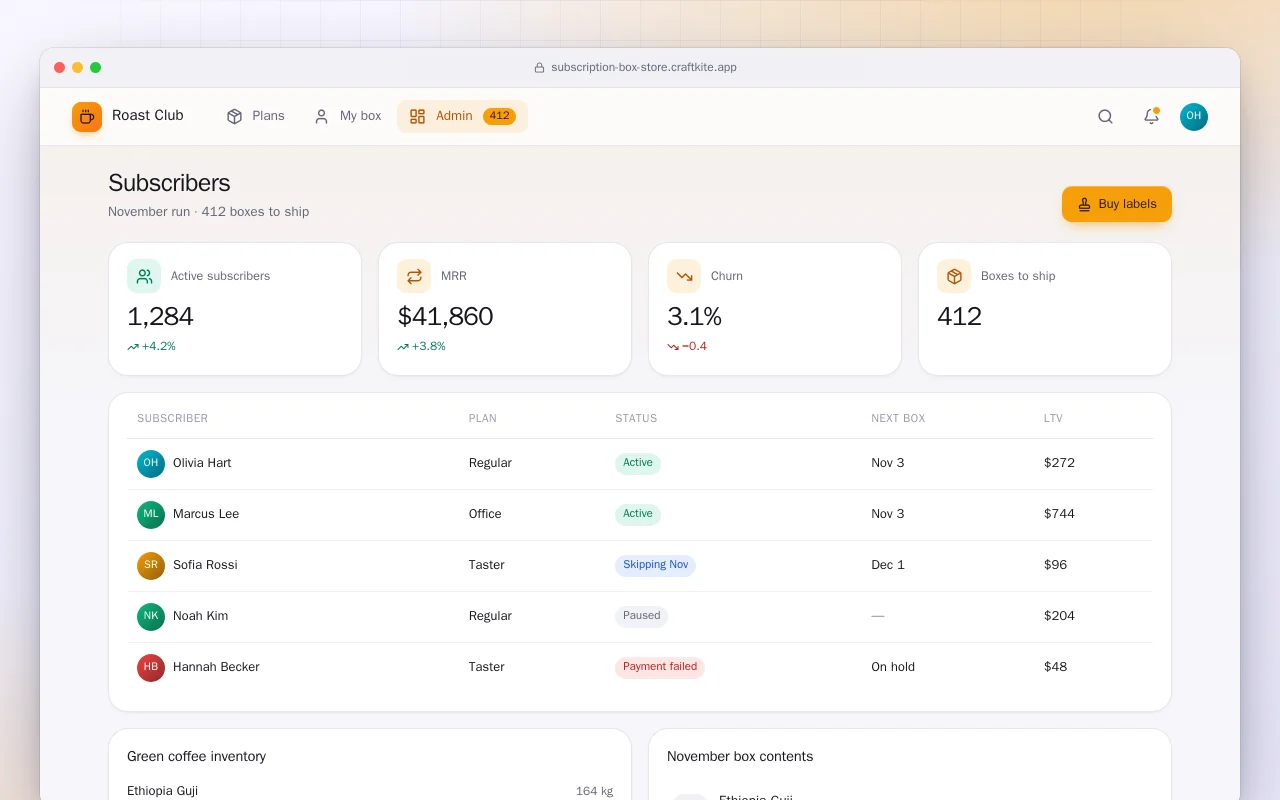 Subscription box store: the Subscribers screen