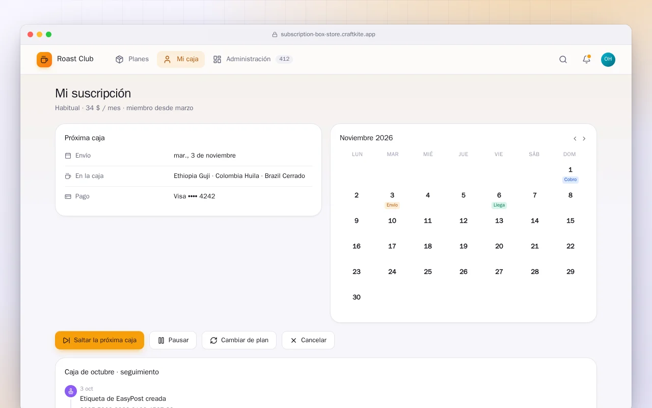 Tienda de cajas por suscripción: la pantalla Mi suscripción