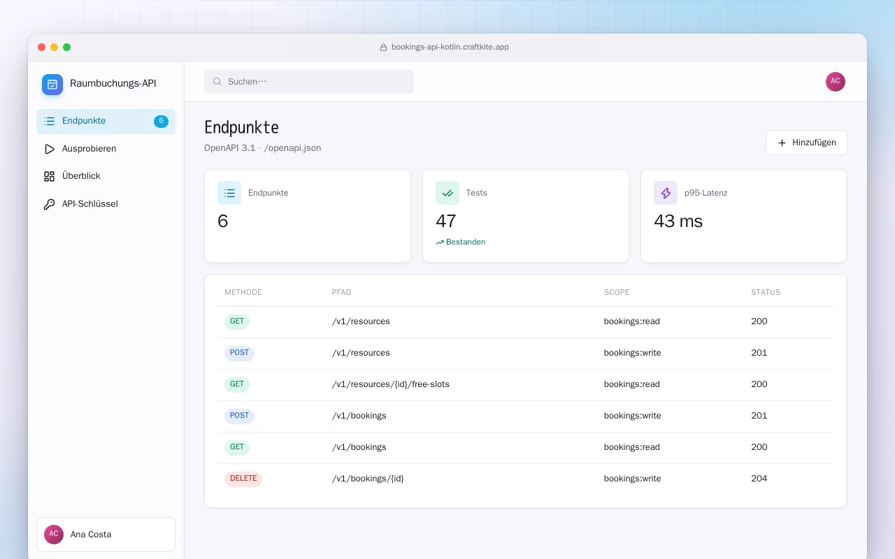 Raumbuchungs-API (Kotlin + Spring Boot): der Bildschirm „Endpunkte“