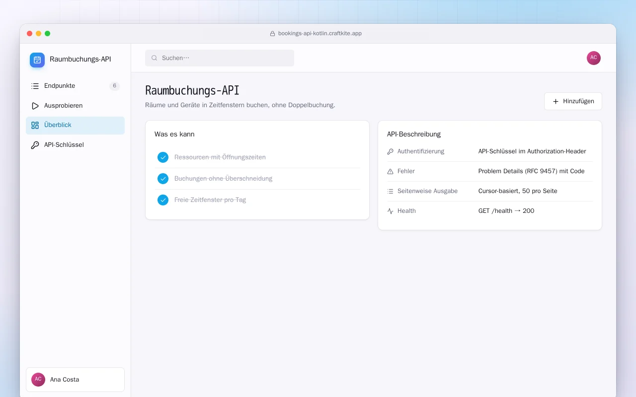 Raumbuchungs-API (Kotlin + Spring Boot): der Bildschirm „Raumbuchungs-API“