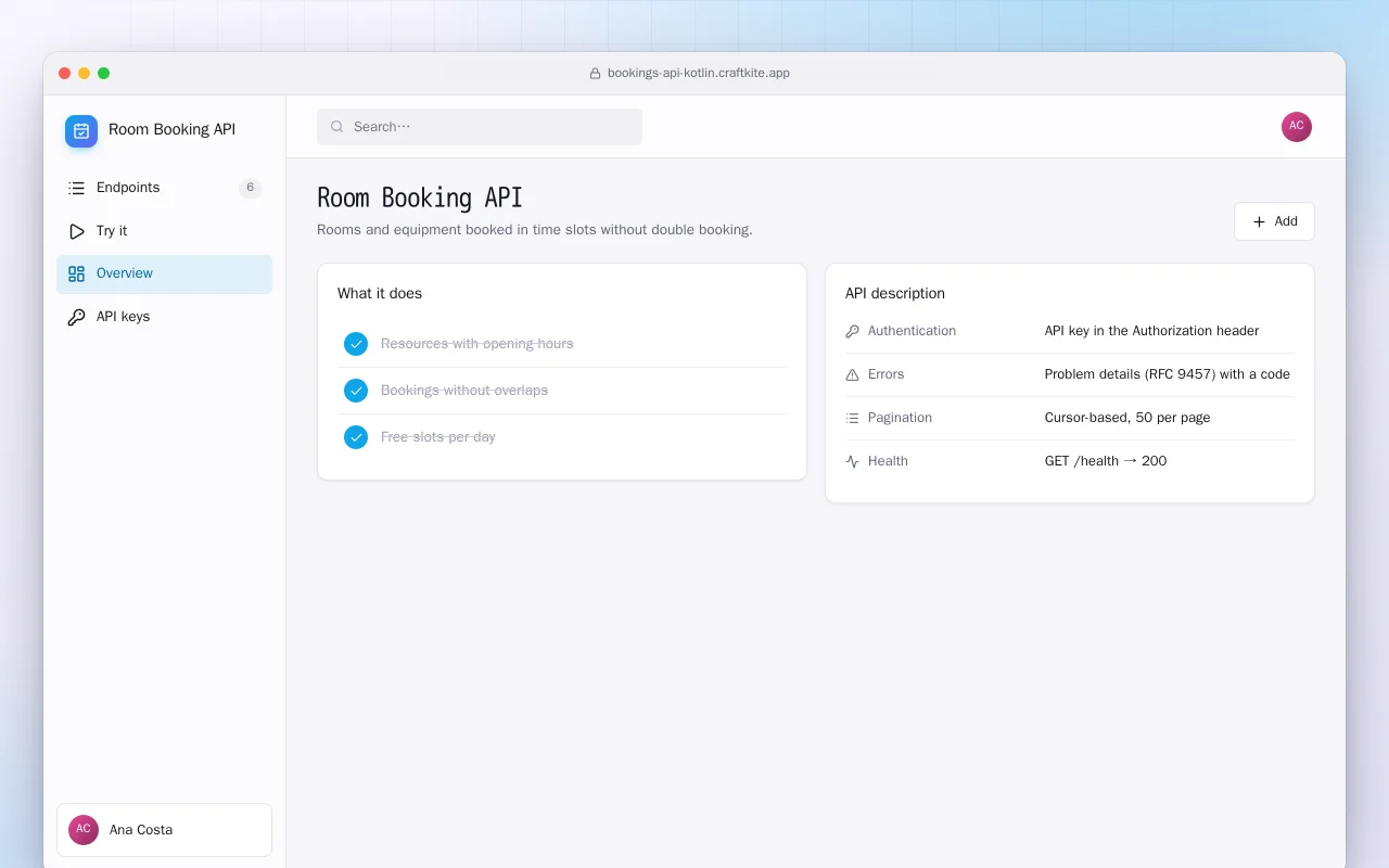 Room Booking API (Kotlin + Spring Boot): the Room Booking API screen