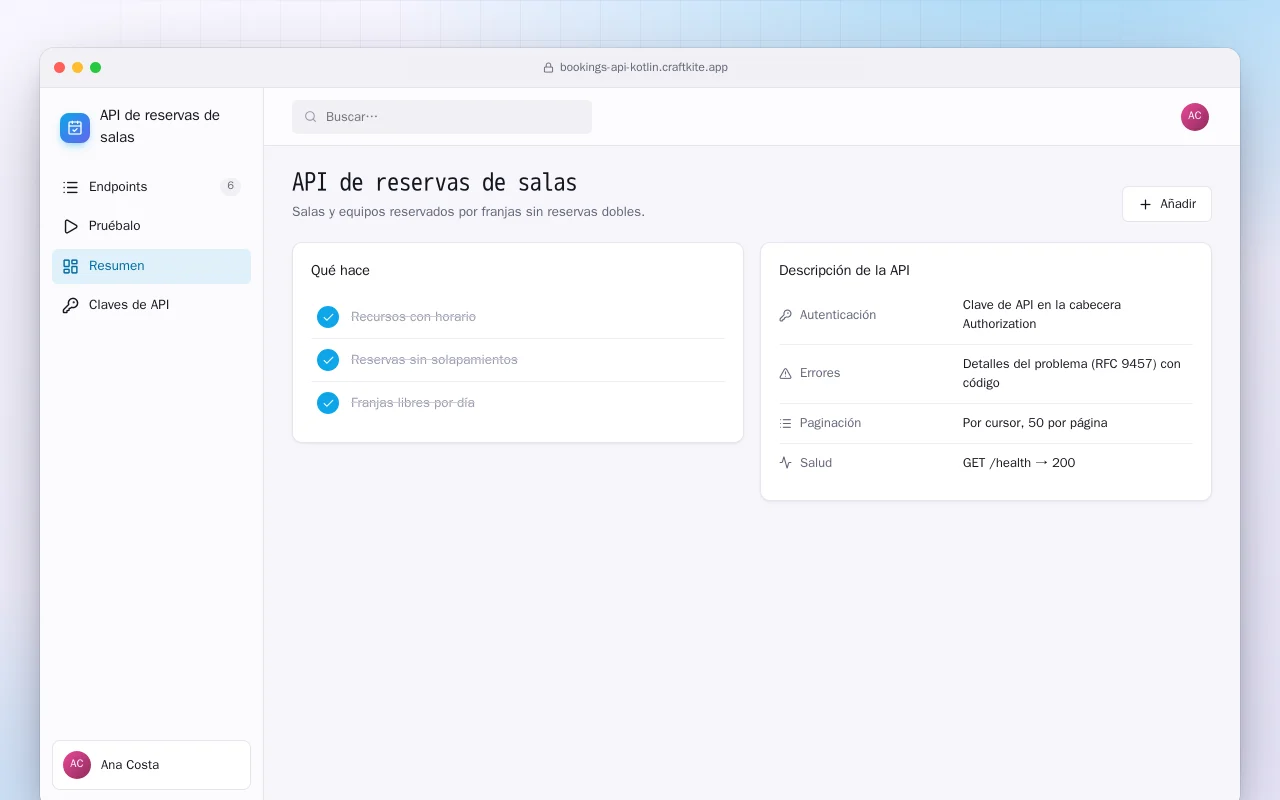 API de reservas de salas (Kotlin + Spring Boot): la pantalla API de reservas de salas