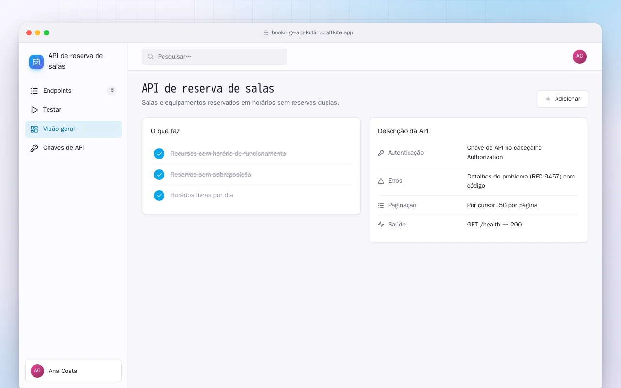 API de reserva de salas (Kotlin + Spring Boot): a tela API de reserva de salas