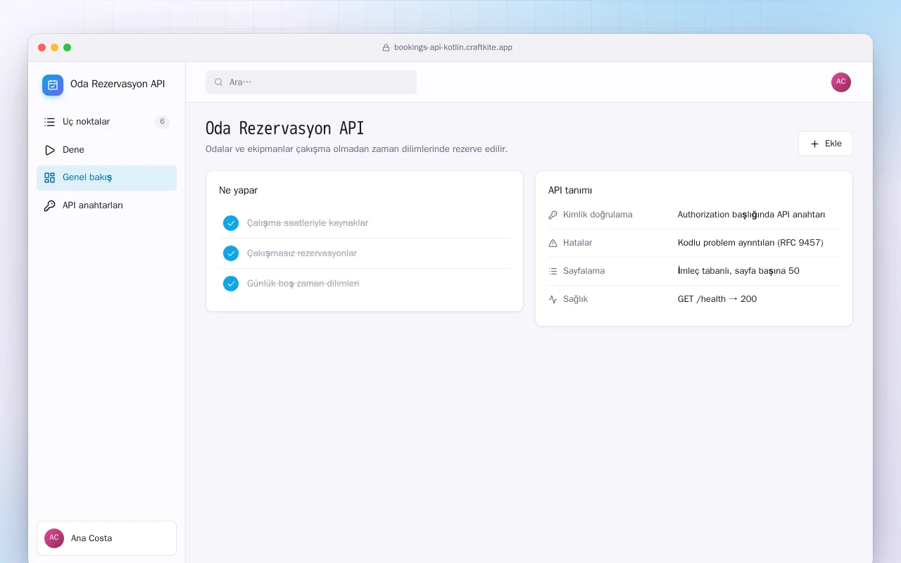 Oda Rezervasyon API (Kotlin + Spring Boot): Oda Rezervasyon API ekranı
