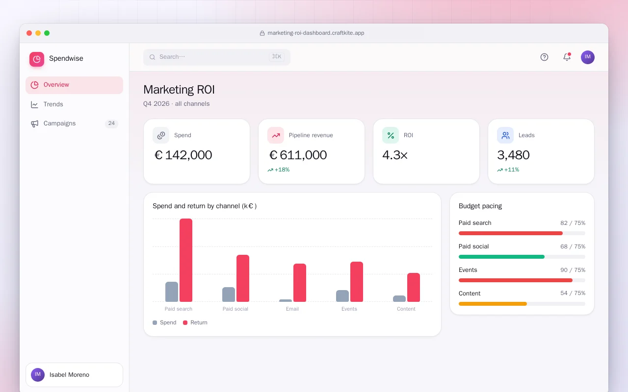 Marketing ROI dashboard: the Marketing ROI screen