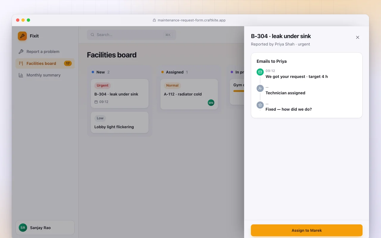 Maintenance request form: the Facilities board screen