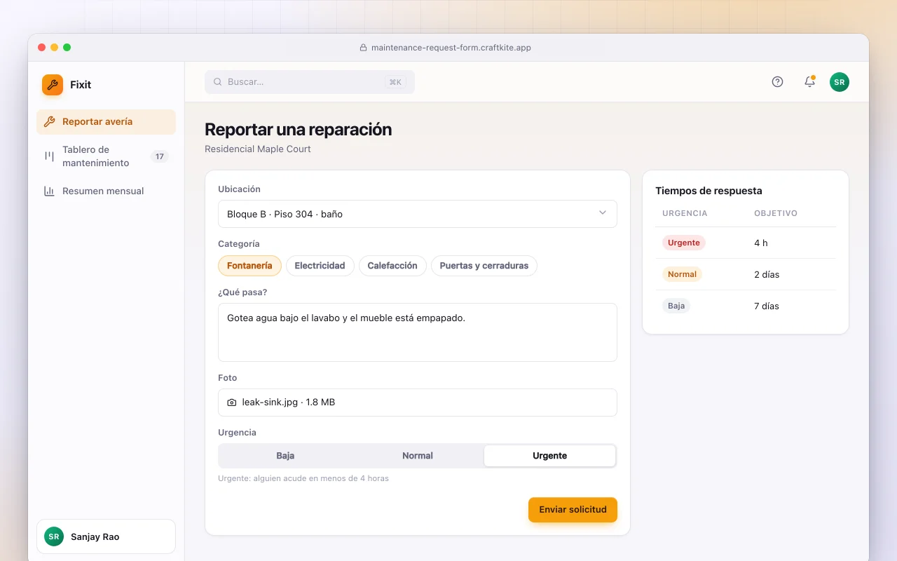 Formulario de solicitud de mantenimiento: la pantalla Reportar una reparación