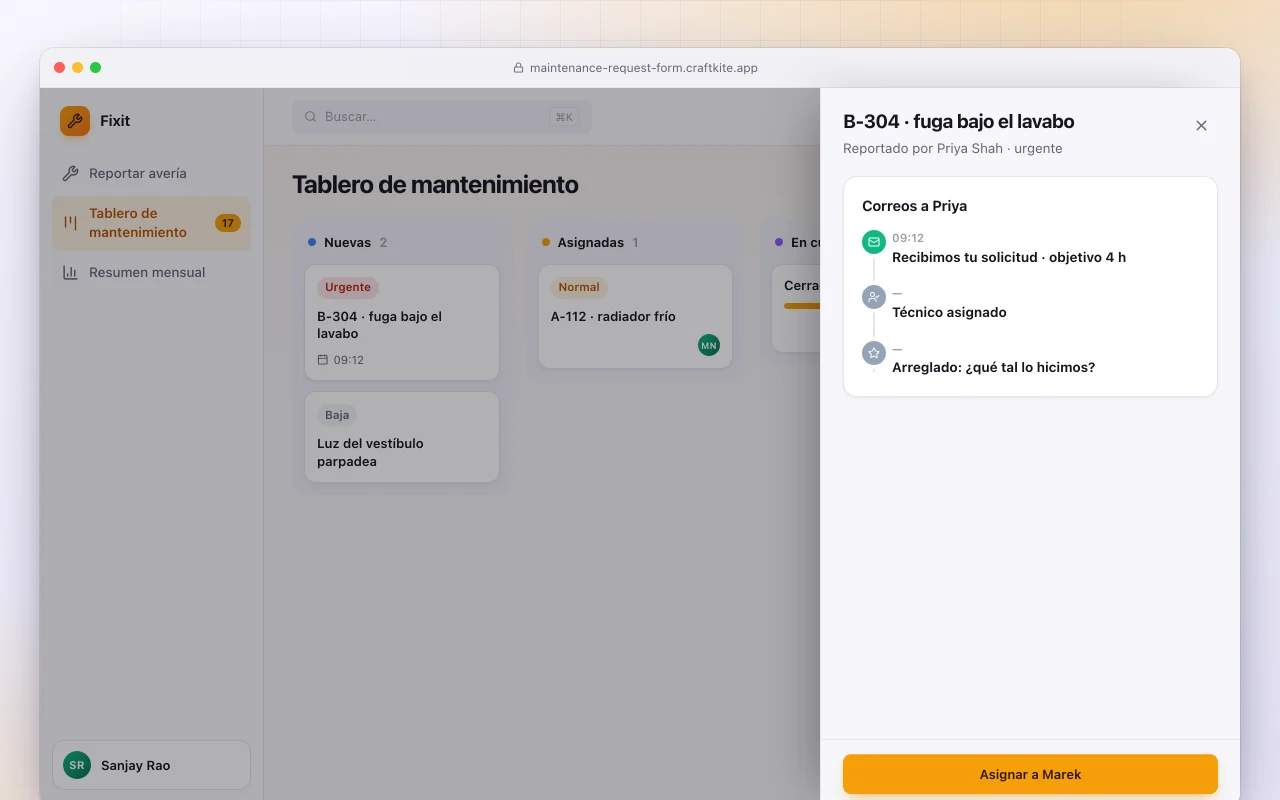 Formulario de solicitud de mantenimiento: la pantalla Tablero de mantenimiento